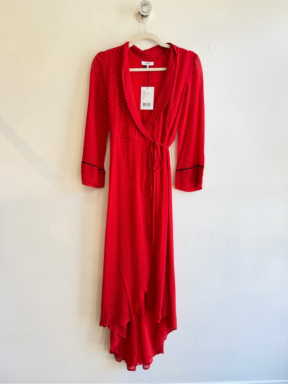 Ganni Red Polka Dot Wrap Dress with Tie Waist